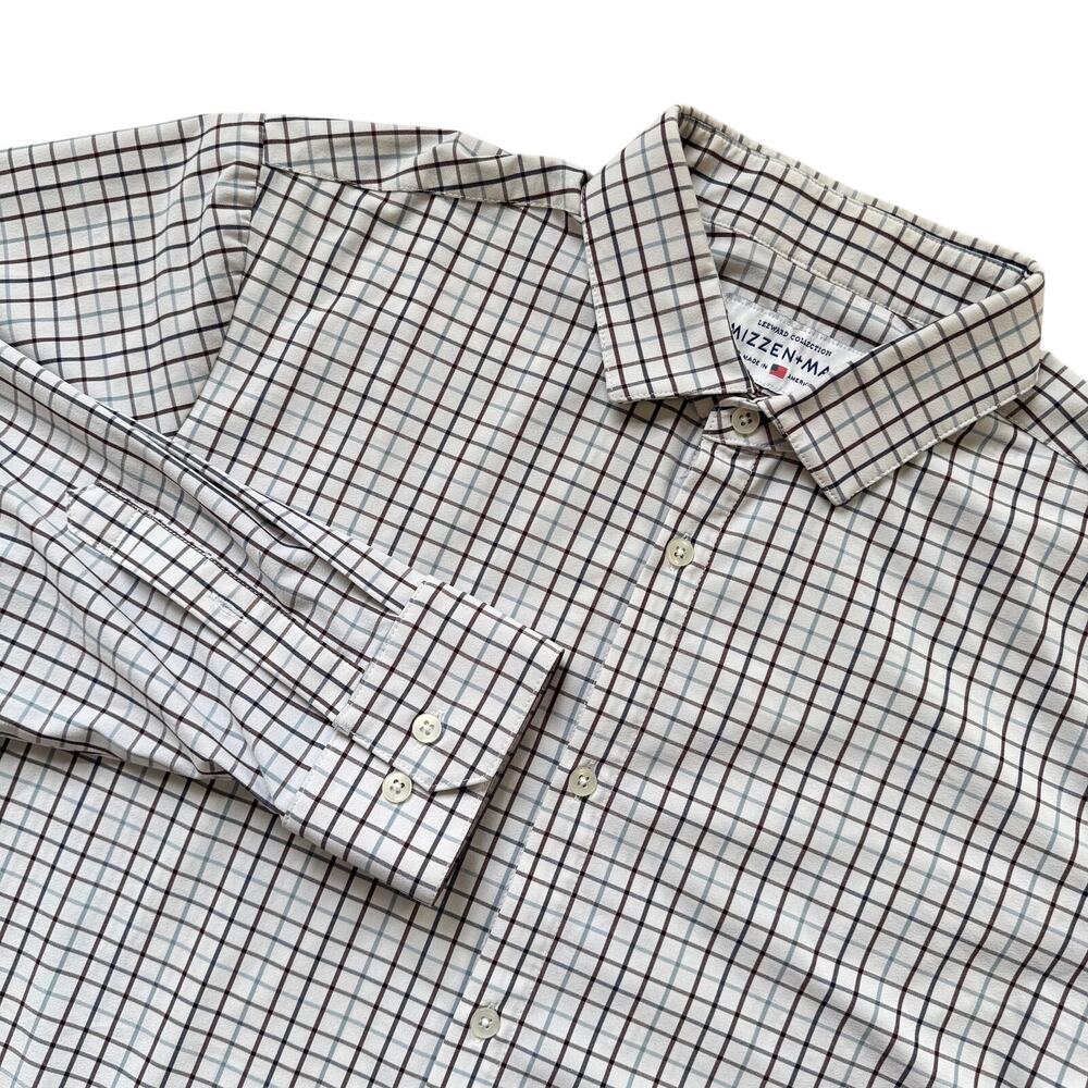 Mizzen+Main Long Sleeve Button Down Shirt White Blue Brown Check Plaid XXL Trim